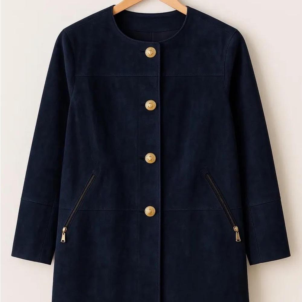 DANIER Navy Blue Suede Vintage Leather Jacket | Women’s S | Gold Ornate Buttons